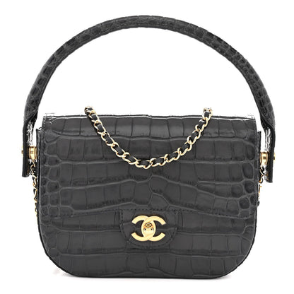 Calfskin Crocodile Embossed Turn Around Mini Flap Dark Grey Dark Grey