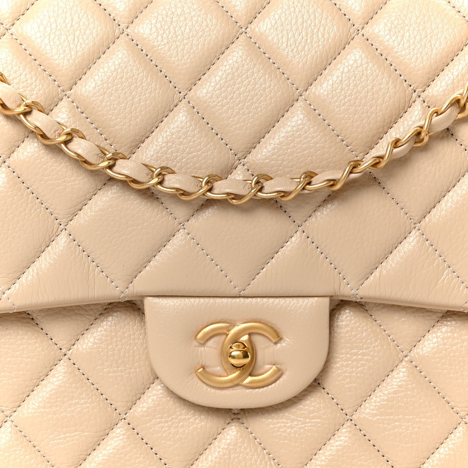 Grained Calfskin Quilted XXL Travel Flap Bag Beige