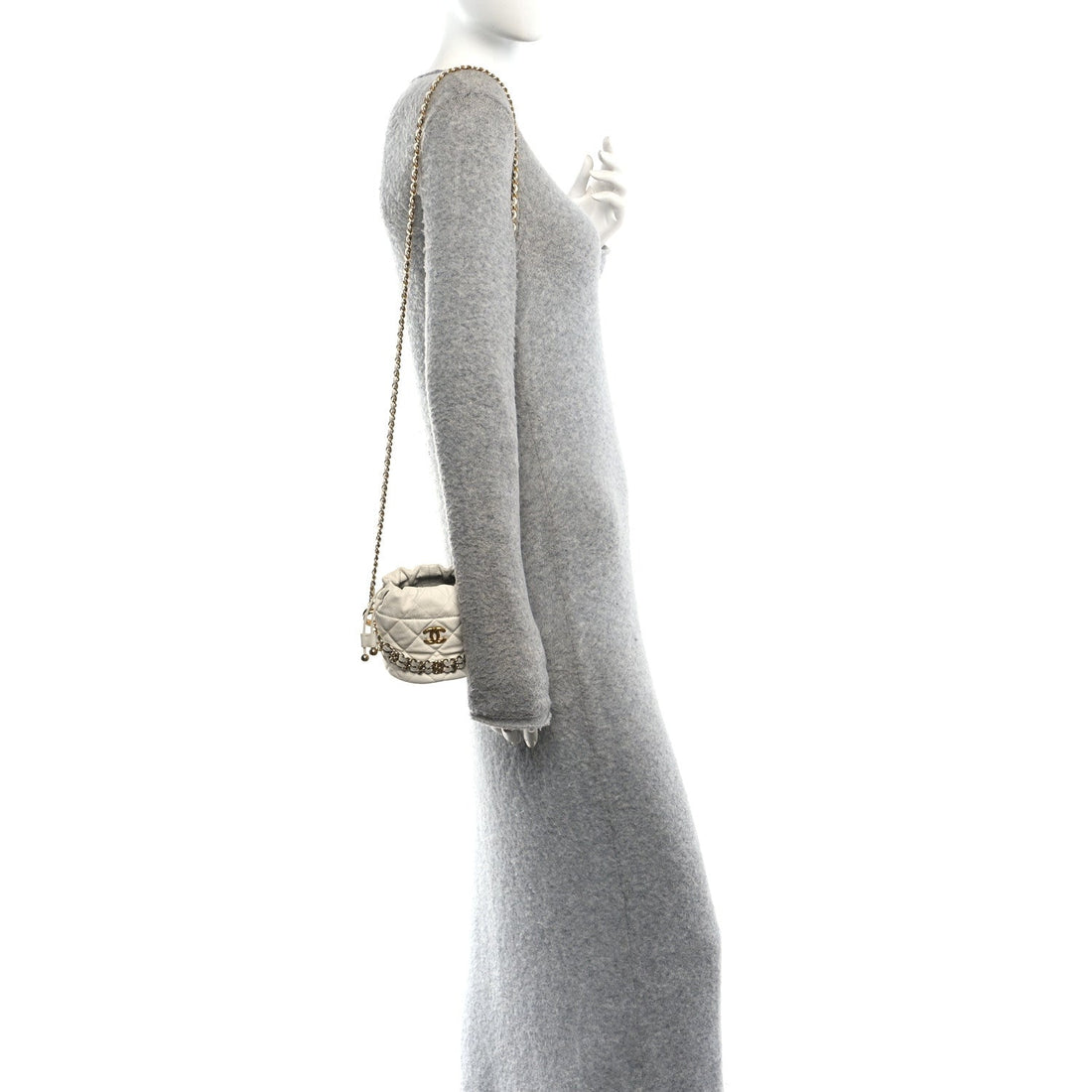 Caviar Quilted Coco First Bucket Clutch With Chain White