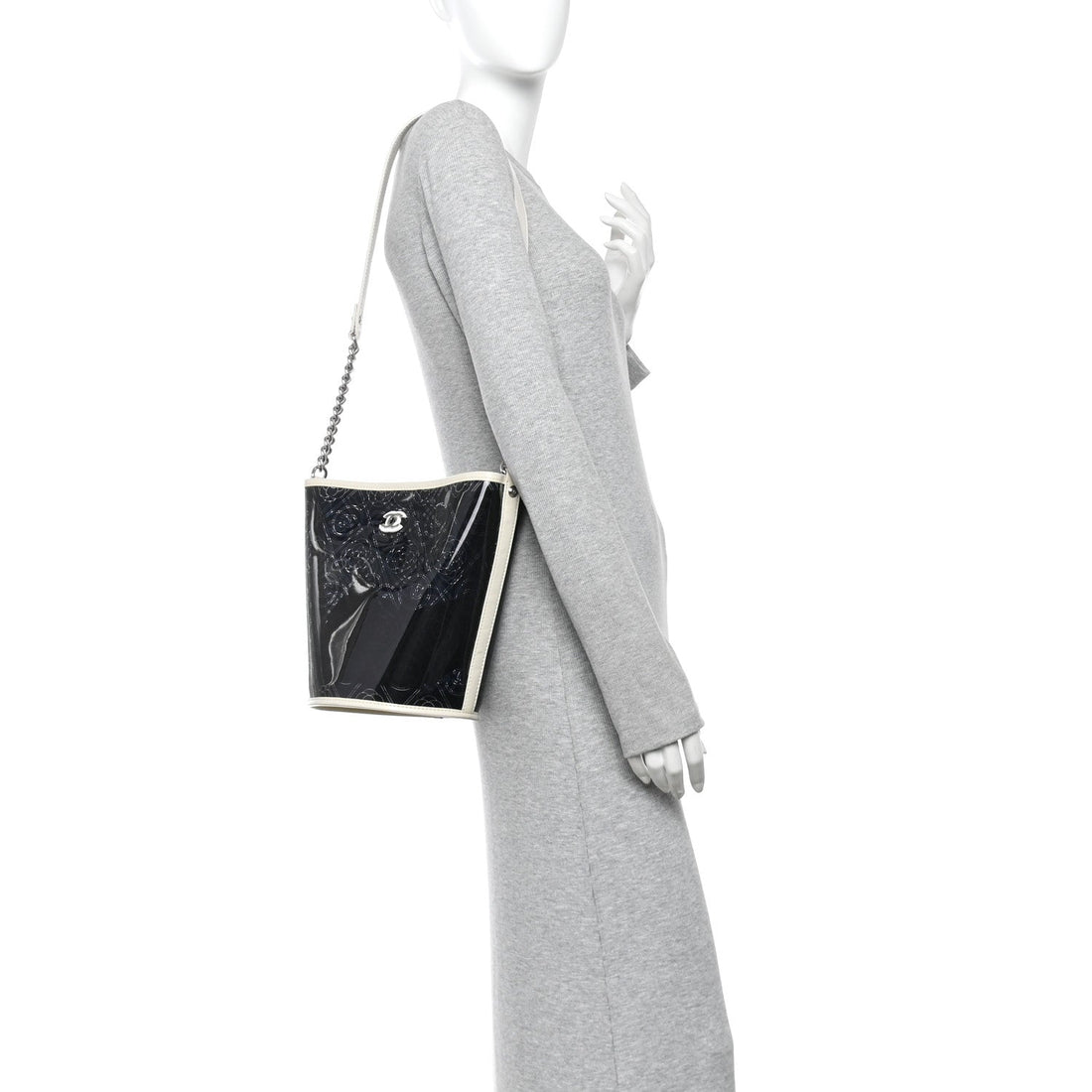Crumpled Calfskin PVC Camellia Coco Bucket Bag Black White