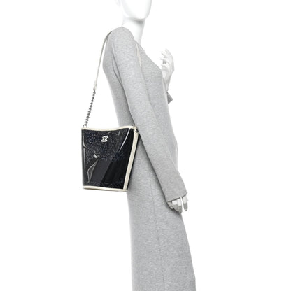 Crumpled Calfskin PVC Camellia Coco Bucket Bag Black White