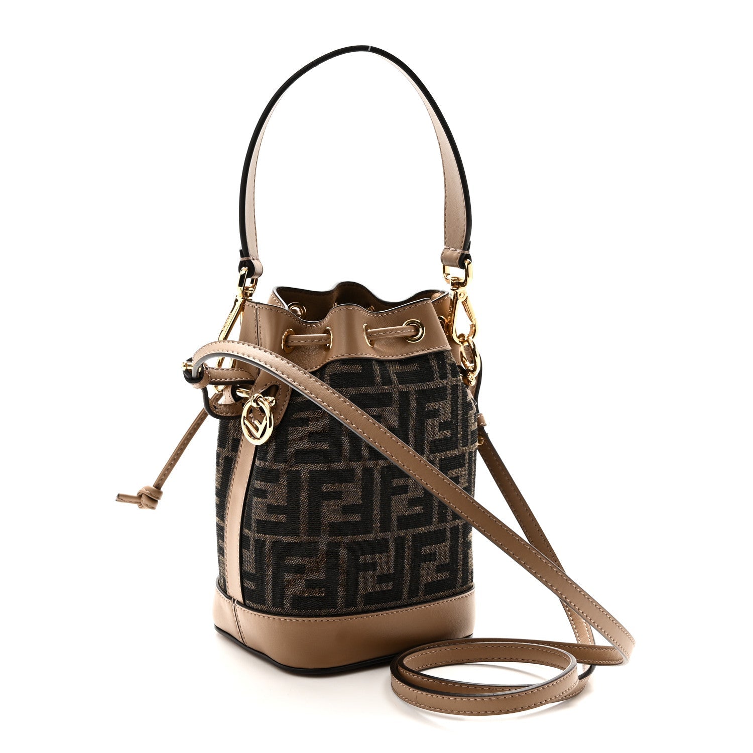 Fabric Jacquard Vitello Grace FF 1974 Mini Mon Tresor Bucket Bag Tobacco Moro Sand