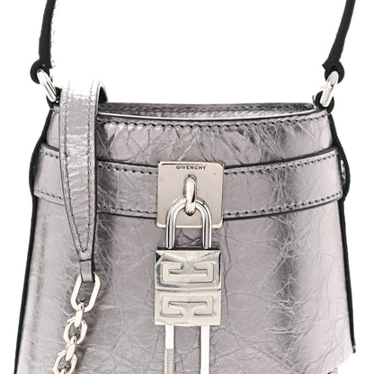 Laminated Lambskin Micro Shark Lock Bucket Bag Silvery Grey