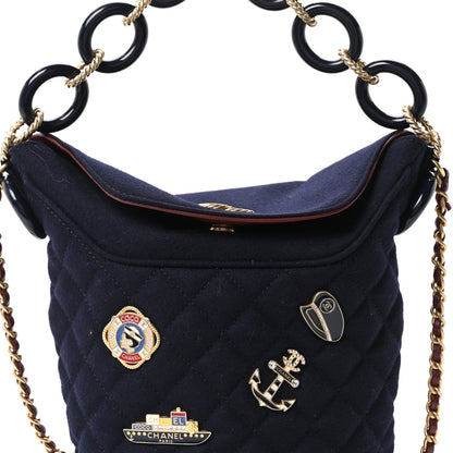 Wool Lambskin Quilted Paris Hamburg Charms Bucket Bag Dark Navy