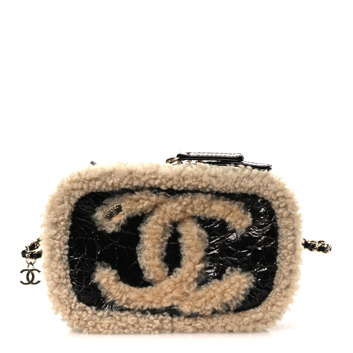 Shiny Crumpled Sheepskin Shearling Waist Bag Black Beige