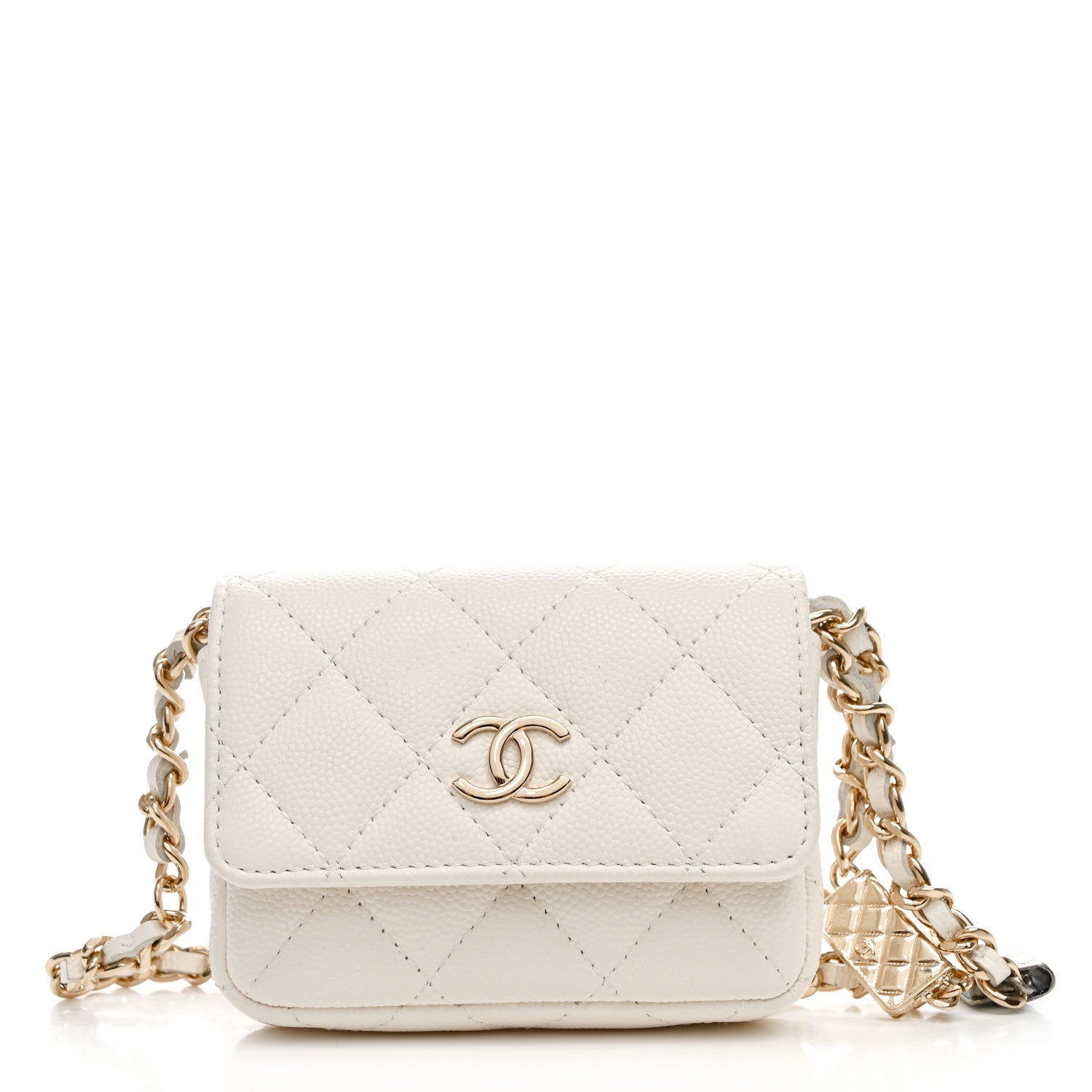 Caviar Quilted Belt Bag With Charms On Chain White