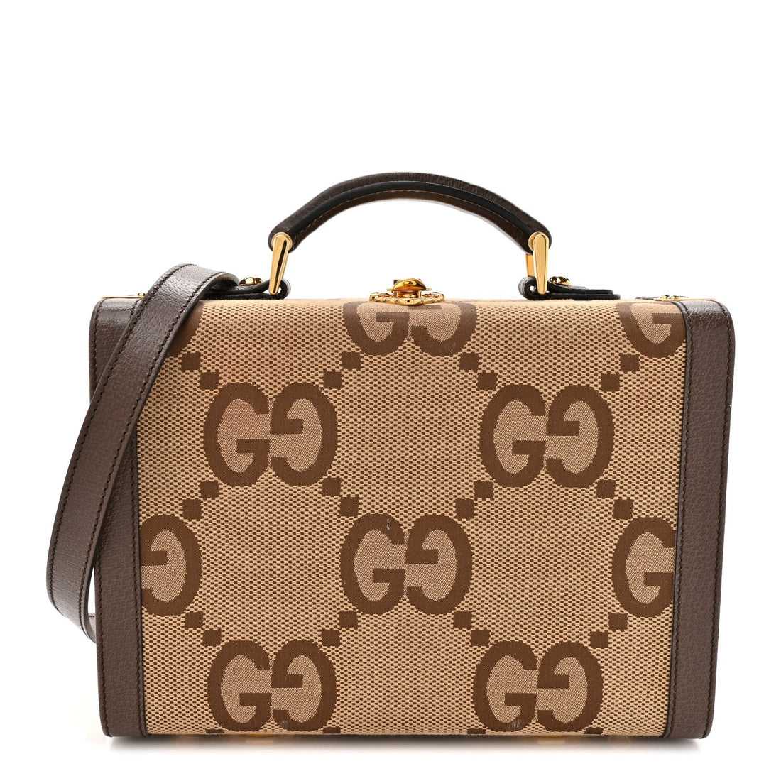 Monogram Jumbo GG Textured Dollar Calfskin Top Handle Beauty Case Camel Ebony New Acero