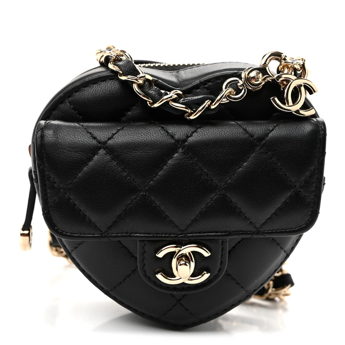 Lambskin Quilted CC In Love Heart Waist Belt Bag With Chain Black