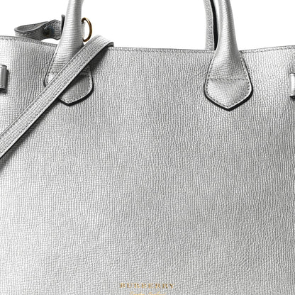Metallic Grainy Calfskin House Check Medium Banner Tote Silver