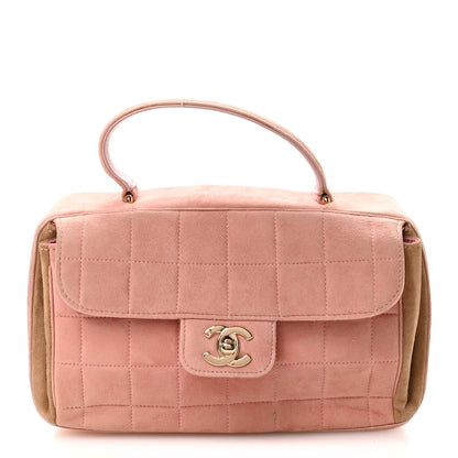 Suede Chocolate Bar Top Handle Flap Pink Beige