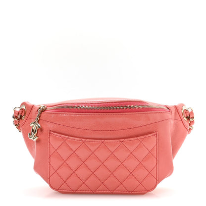 Crumpled Glazed Lambskin Quilted Waist Bag Fanny Pack Pink