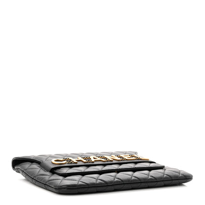 Calfskin Quilted Front Logo Enchained Clutch Black