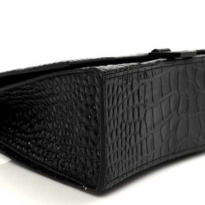 Shiny Calfskin Monochrome Crocodile Embossed Medium Hourglass Top Handle Bag Black