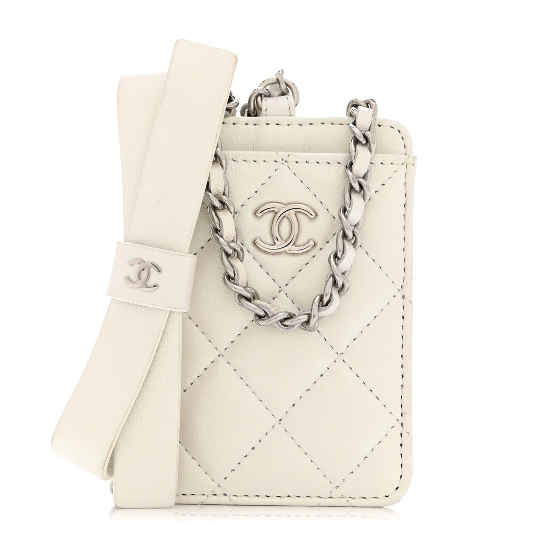 Iridescent Lambskin Quilted Coco Bow Card Holder On Chain White
