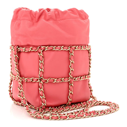 Lambskin Bucket Chain Drawstring Bag Pink