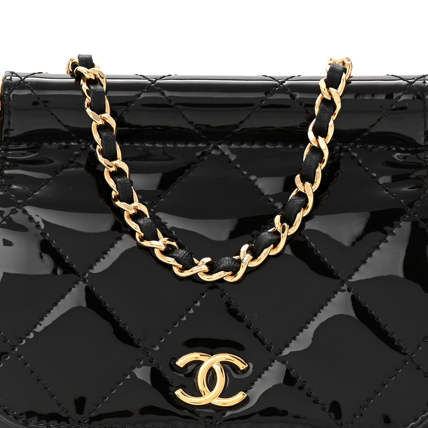 Patent Quilted Frame Clutch Flap With Chain Black