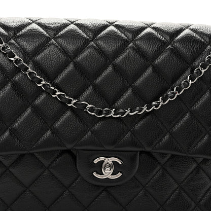Grained Calfskin Quilted XXL Travel Flap Bag Black