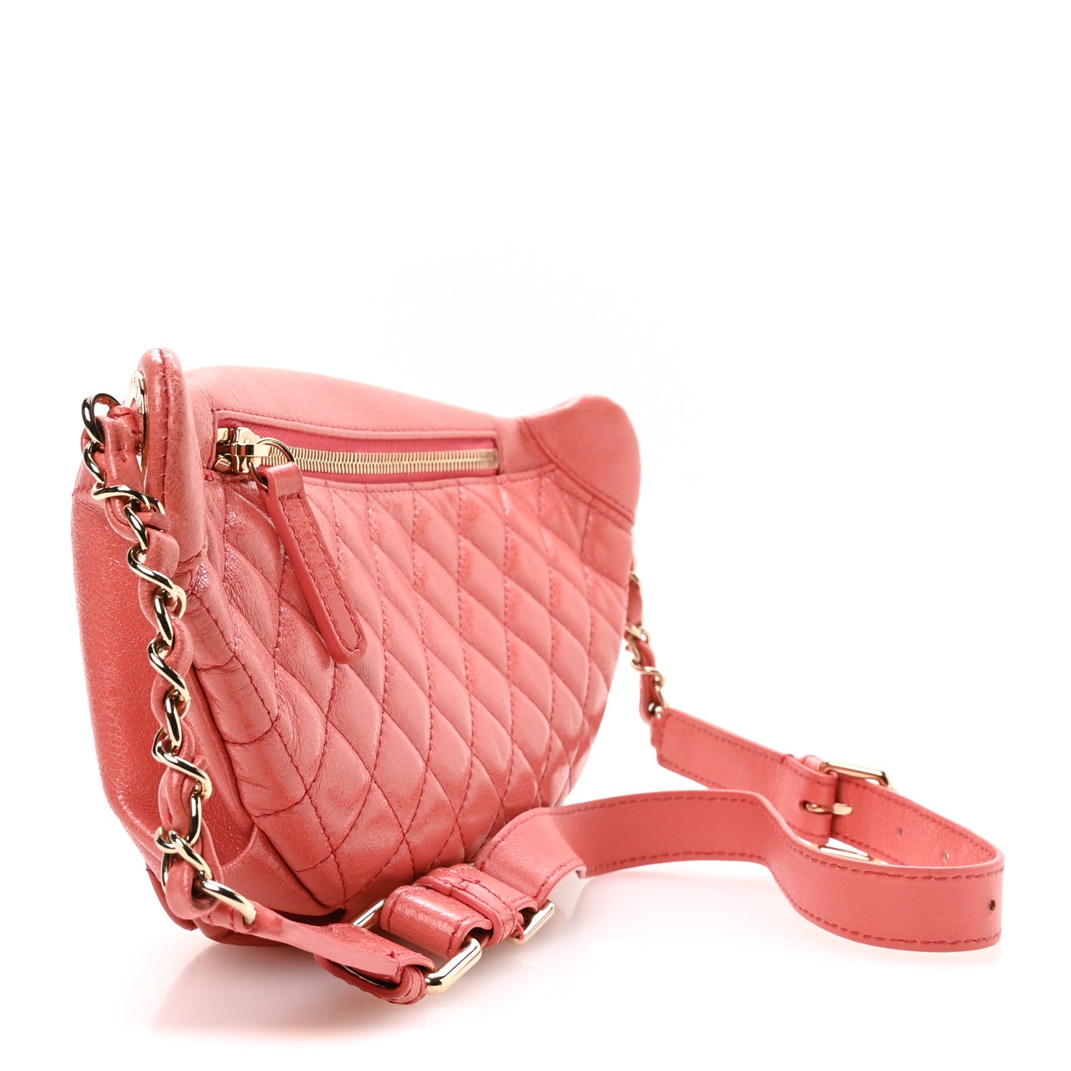 Crumpled Glazed Lambskin Quilted Waist Bag Fanny Pack Pink