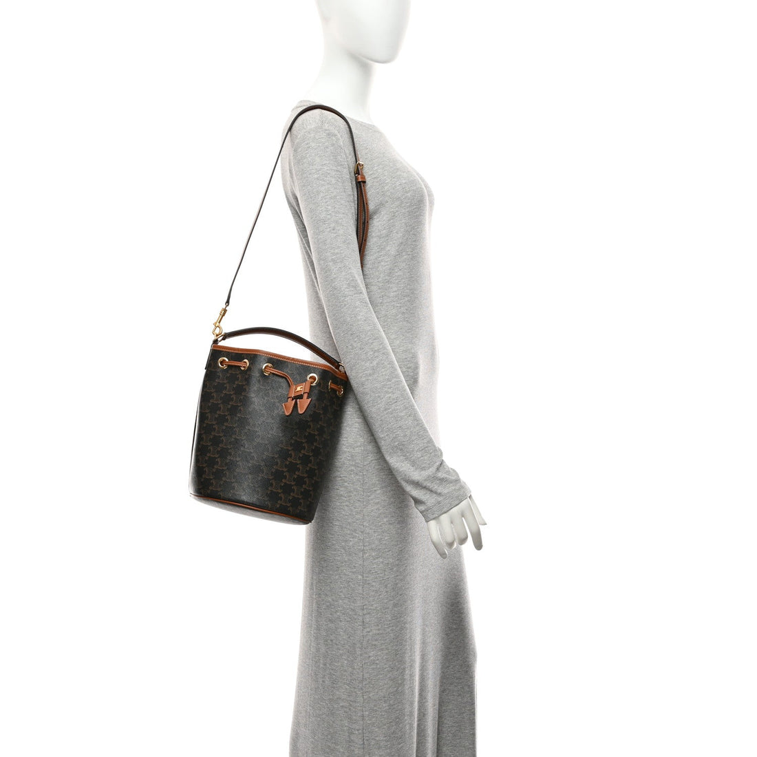 Triomphe Canvas Calfskin Clara Drawstring Bucket Bag Tan