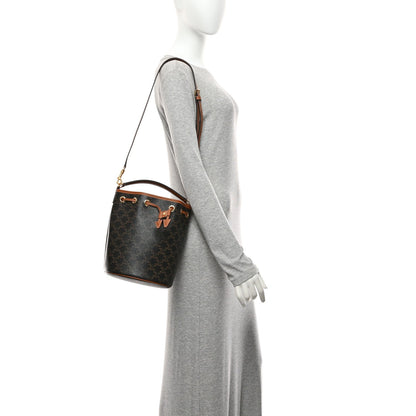 Triomphe Canvas Calfskin Clara Drawstring Bucket Bag Tan