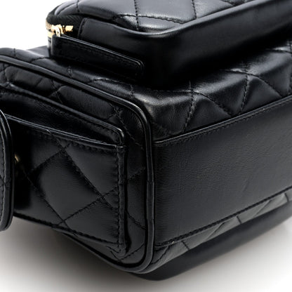 Shiny Crumpled Lambskin Quilted Small Preppy Pocket Camera Case Black
