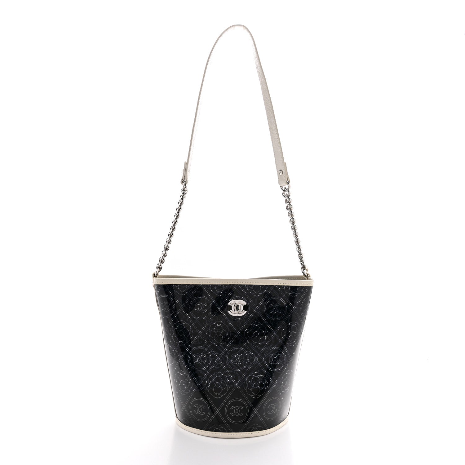 Crumpled Calfskin PVC Camellia Coco Bucket Bag Black White