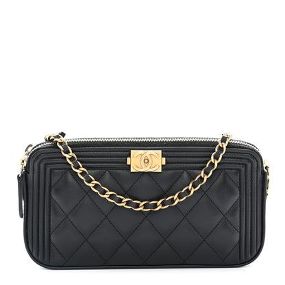 Lambskin Quilted Small Boy Clutch With Chain Black