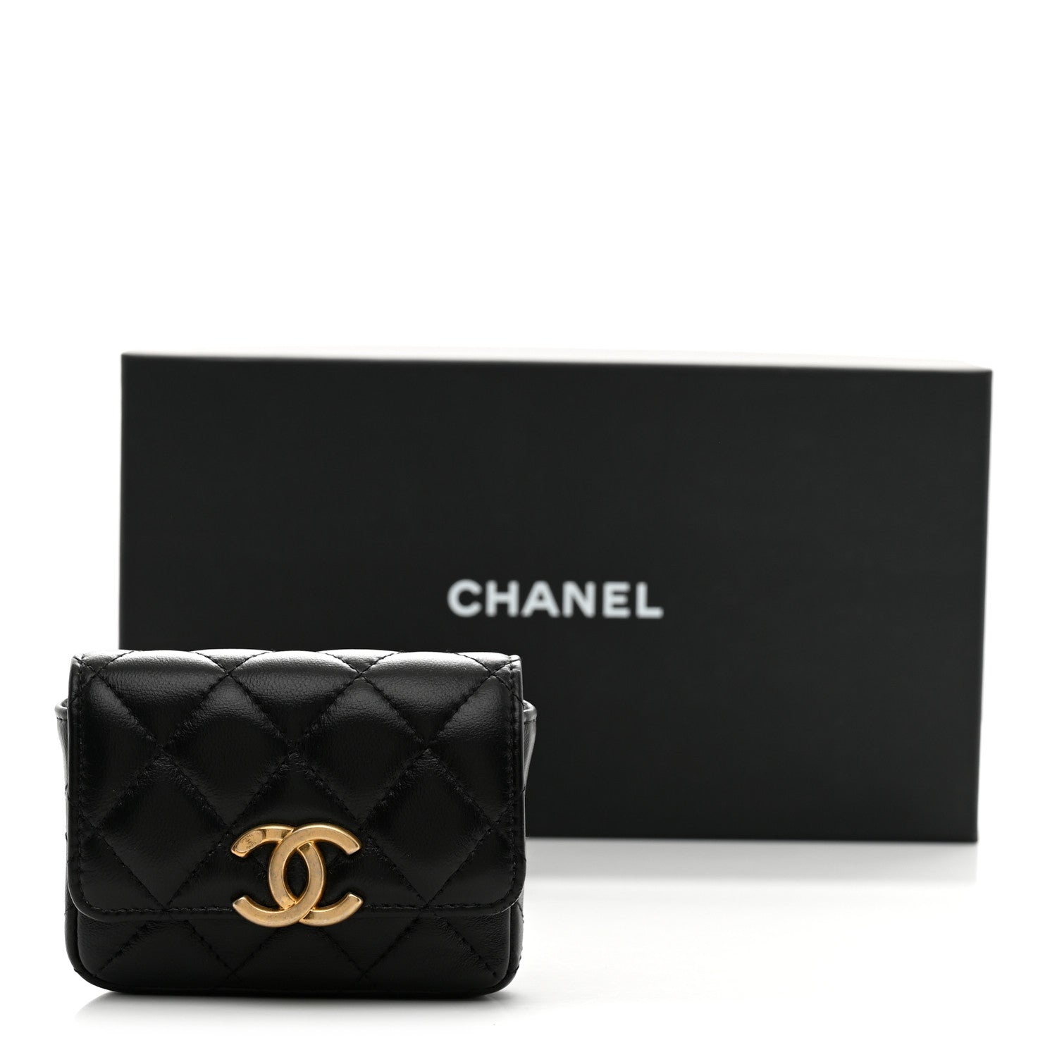 Lambskin Lacquered Metal Quilted Flap Chain Belt Bag Black