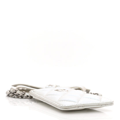 Iridescent Lambskin Quilted Coco Bow Card Holder On Chain White
