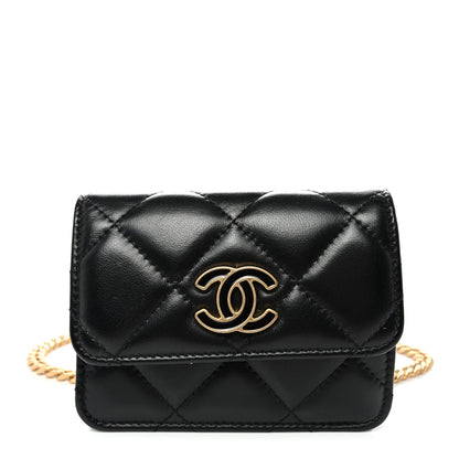 Lambskin Enamel Quilted Pending CC Flap Belt Bag Black