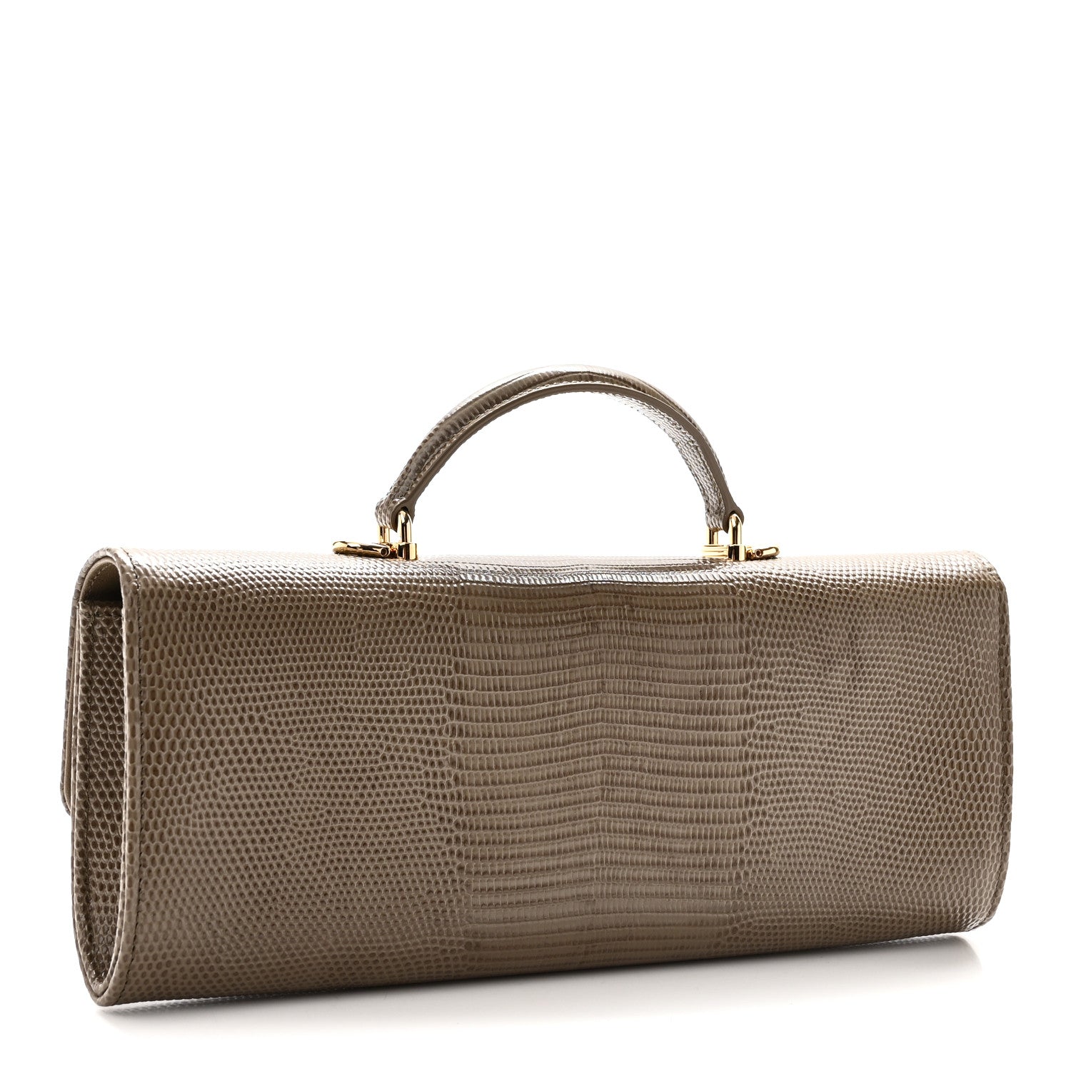 Calfskin Lizard Embossed Top Handle Long Clutch With Chain Dark Khaki