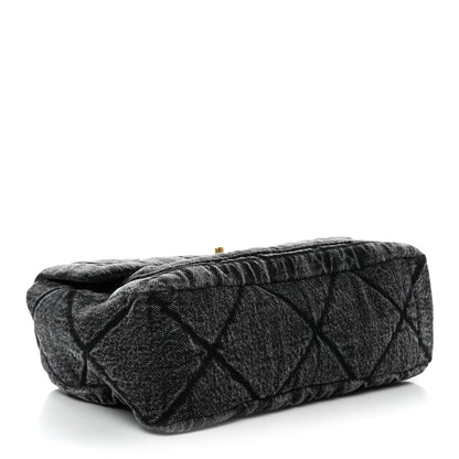 Washed Denim Quilted Large Flap Bag Black