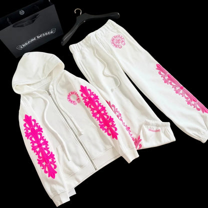 Chrome Hearts Pink Horseshoe Floral Tracksuit set in White/Neon Pink.