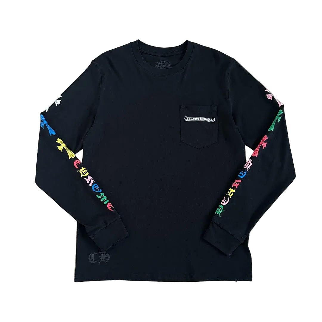 Chrome Hearts Multicolor Multi-Cross &amp; Script Long-Sleeve Pocket T-Shirt in Black.