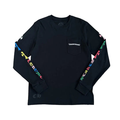Chrome Hearts Multicolor Multi-Cross &amp; Script Long-Sleeve Pocket T-Shirt in Black.