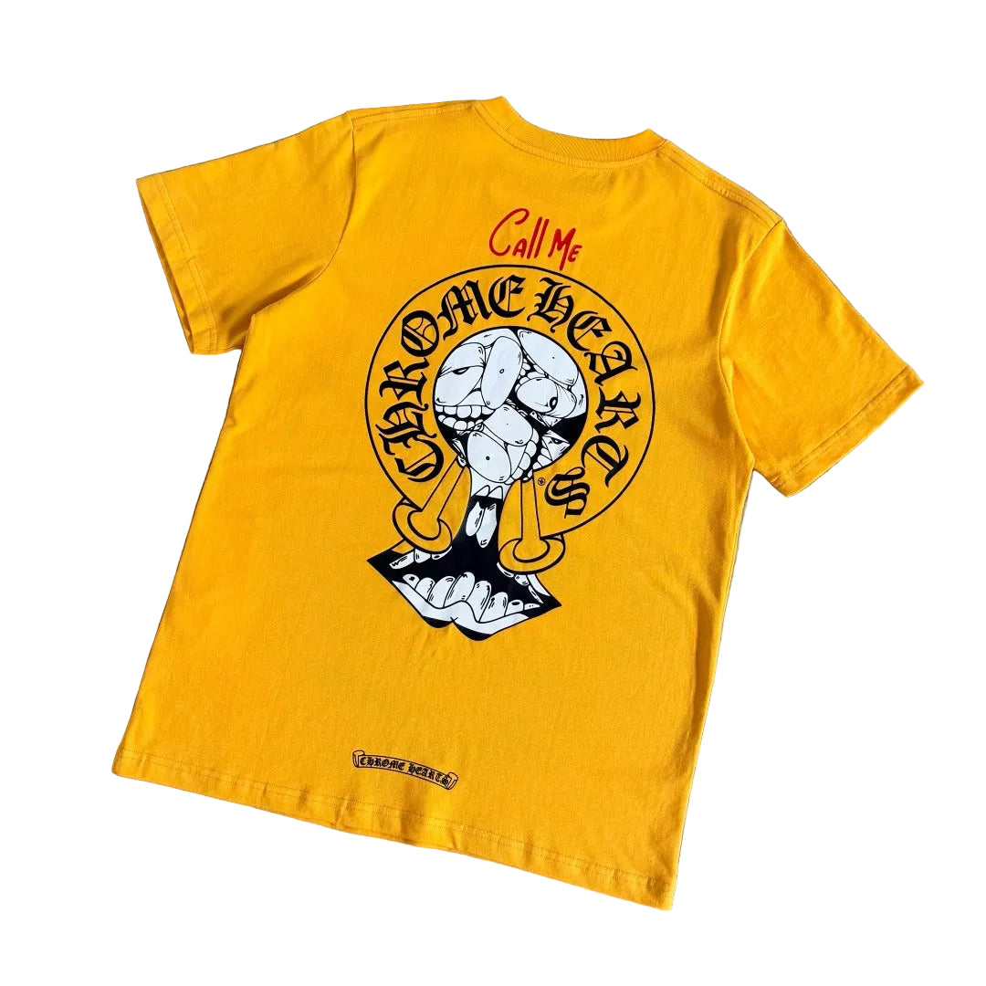 Chrome Hearts x Matty Boy "Call Me" PPO Pocket T-Shirt in Mustard Yellow.