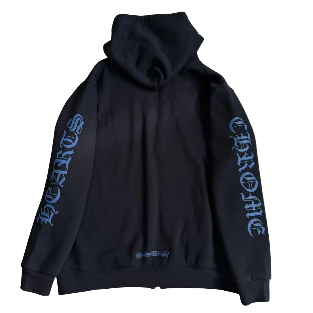 Chrome Hearts Tonal Block Logo Zip-Up Hoodie in black with blue/grey text accents.