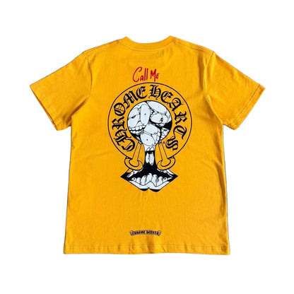 Chrome Hearts x Matty Boy "Call Me" PPO Pocket T-Shirt in Mustard Yellow.