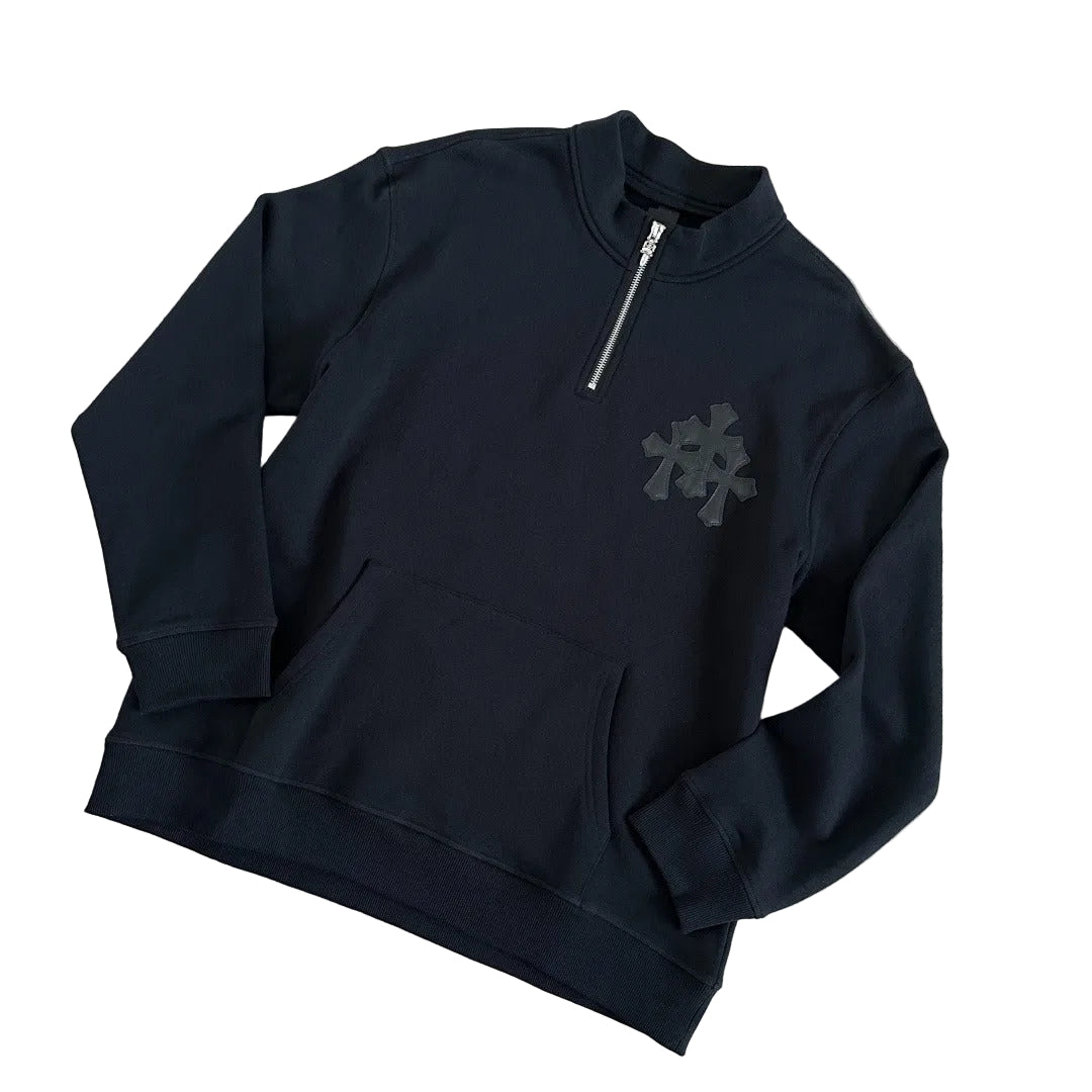 Chrome Hearts "Paper Jam" Cemetery Triple Cross Leather Patch Quarter-Zip Pullover in black.