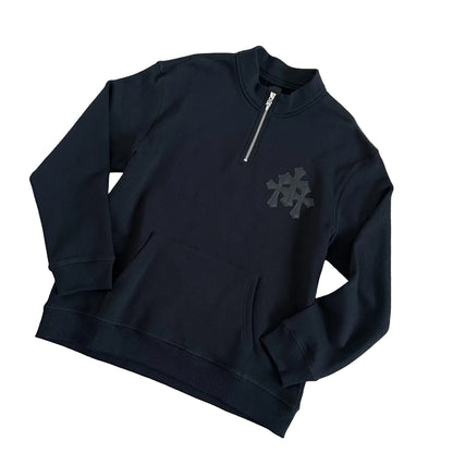 Chrome Hearts "Paper Jam" Cemetery Triple Cross Leather Patch Quarter-Zip Pullover in black.