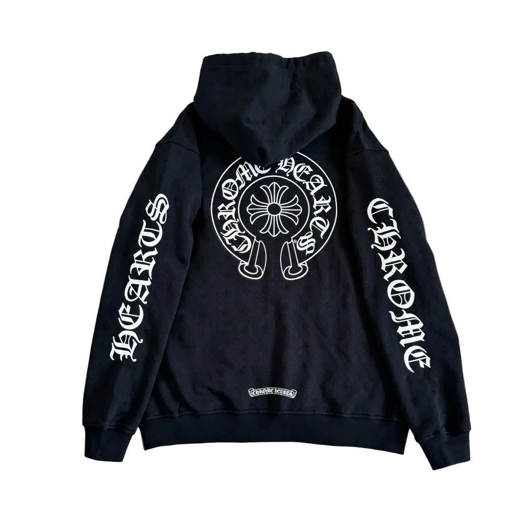 Chrome Hearts All-Over Monogram Monolith Zip-Up Hoodie in black with white text graphics.