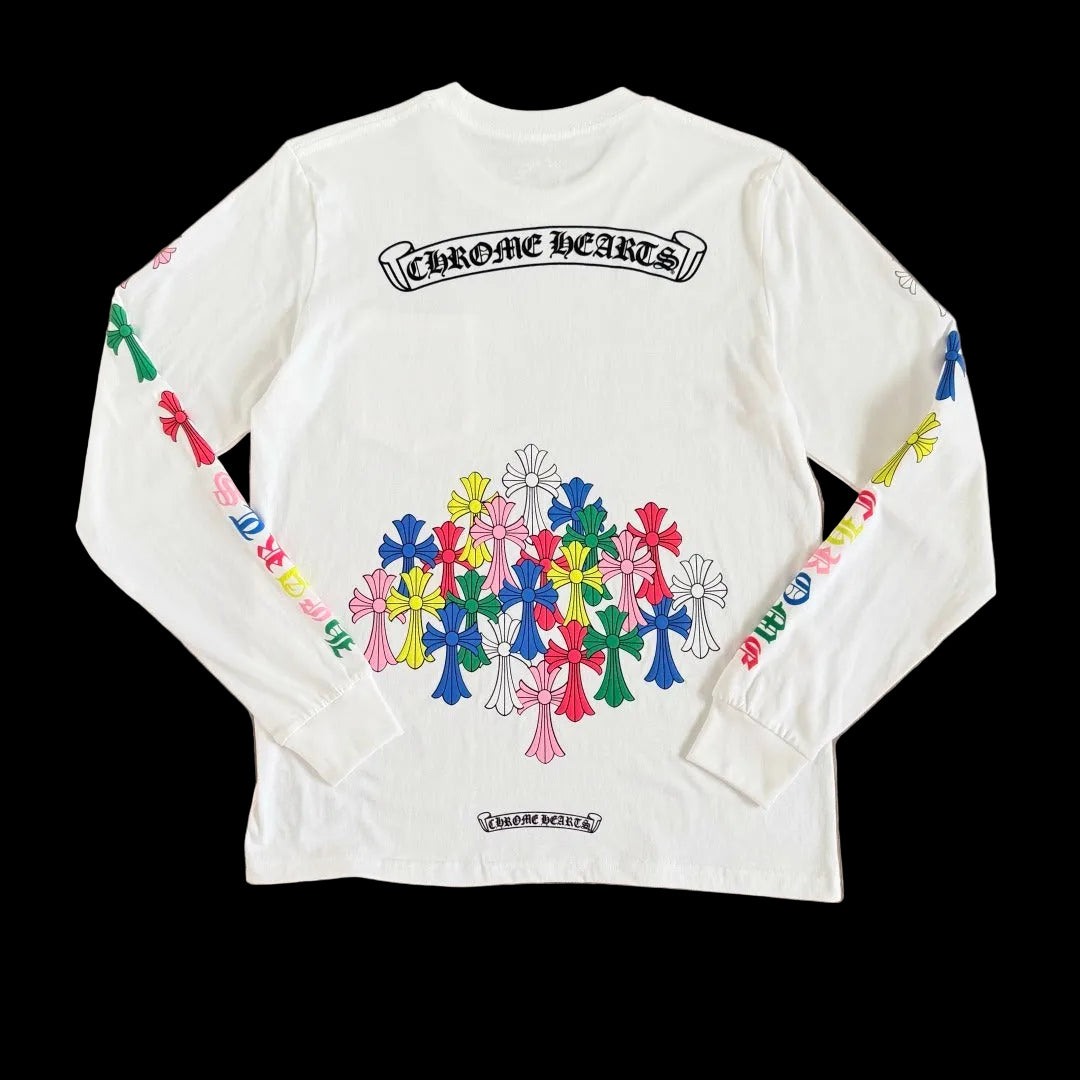 Chrome Hearts Multicolor Multi-Cross &amp; Script Long-Sleeve Pocket T-Shirt in White