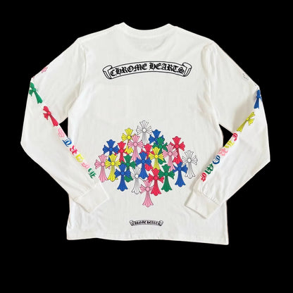 Chrome Hearts Multicolor Multi-Cross &amp; Script Long-Sleeve Pocket T-Shirt in White