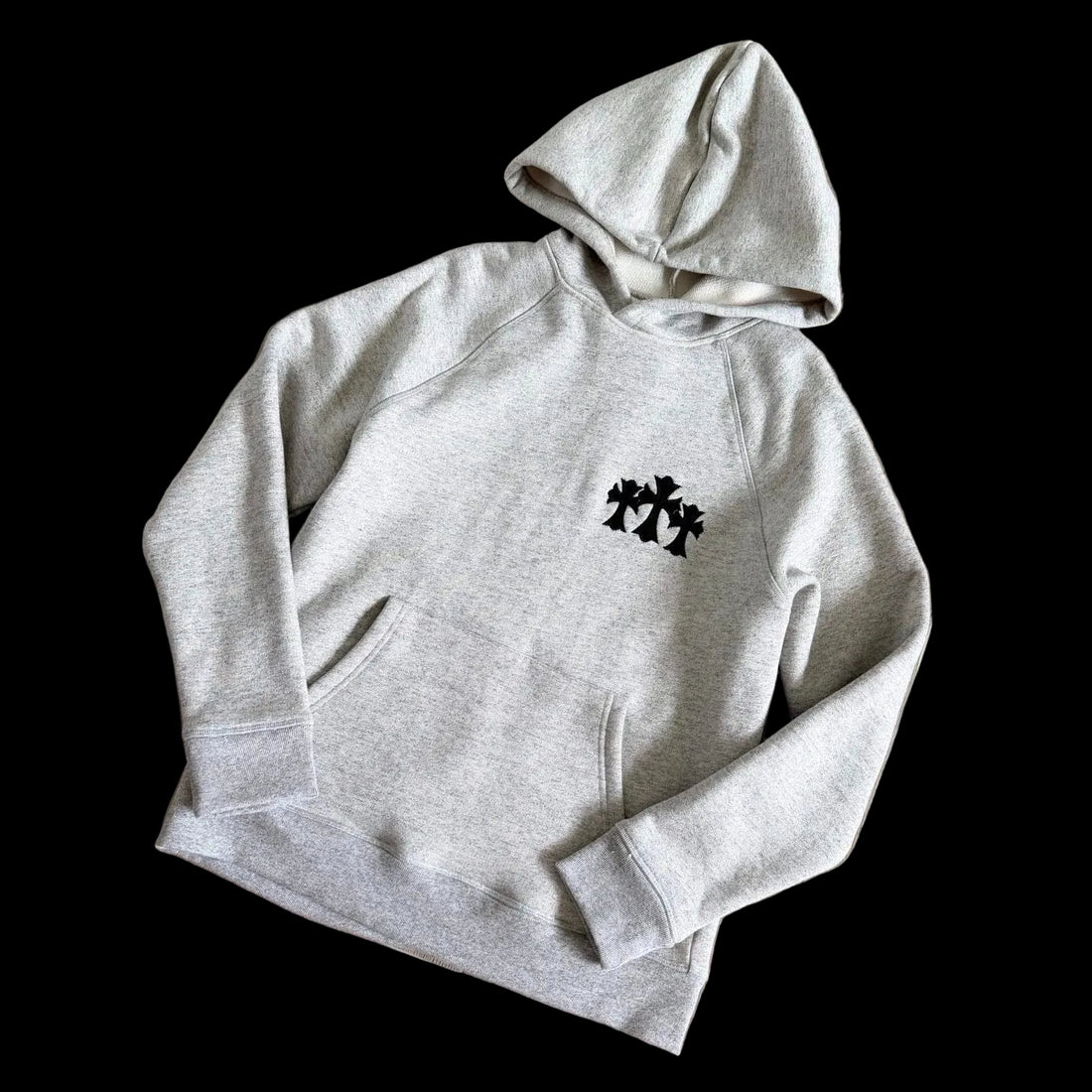 Chrome Hearts Triple Cemetery Cross Patch Pullover Hoodie in heather grey.