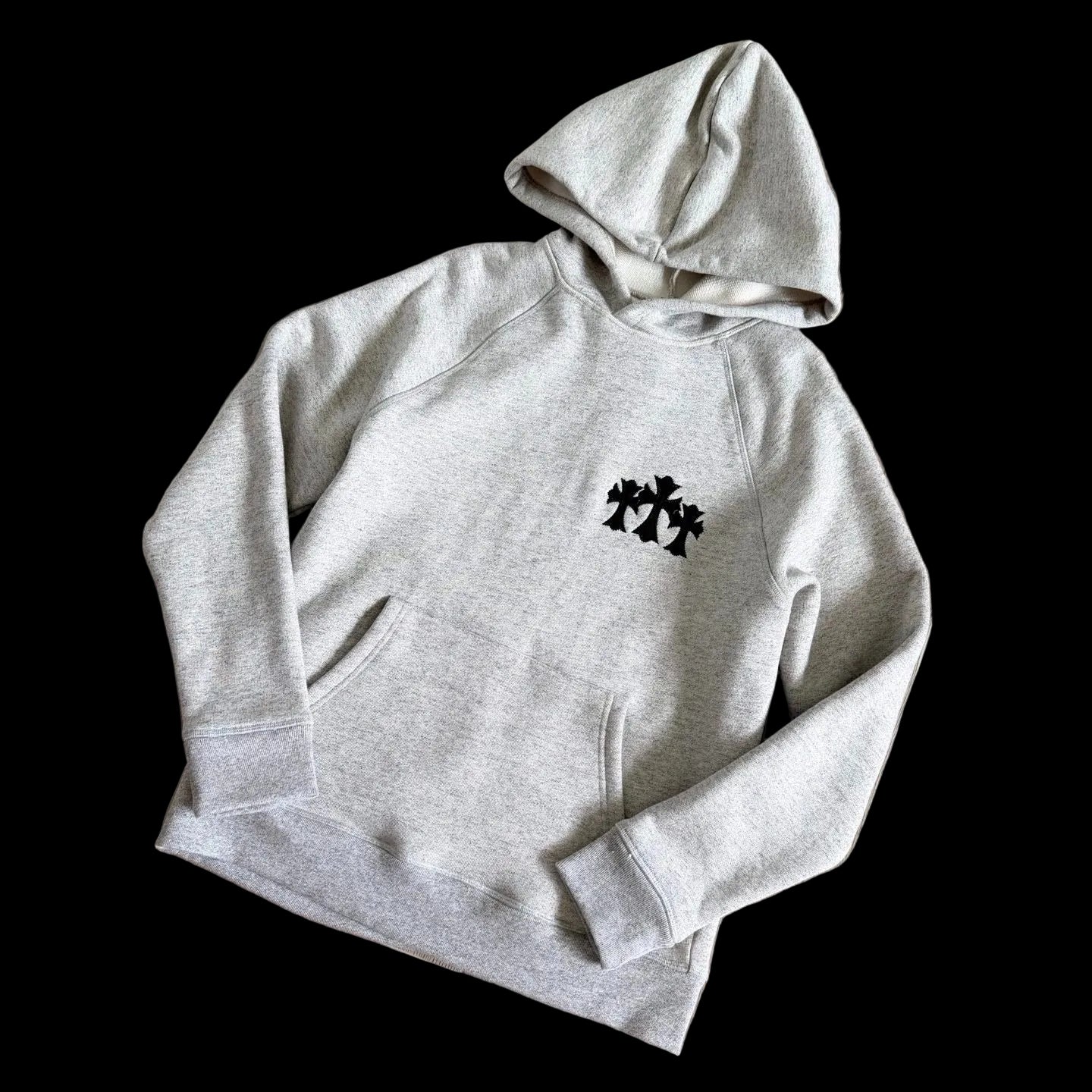 Chrome Hearts Triple Cemetery Cross Patch Pullover Hoodie in heather grey.