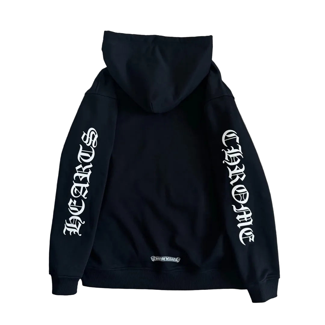 Chrome Hearts Split Block Logo Zip-Up Hoodie in black with white text graphics.