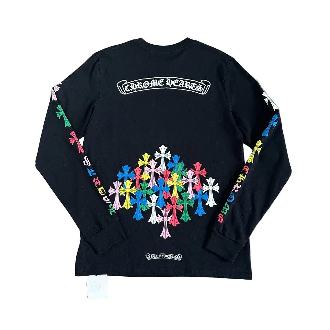 Chrome Hearts Multicolor Multi-Cross &amp; Script Long-Sleeve Pocket T-Shirt in Black.