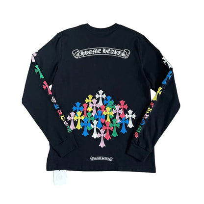 Chrome Hearts Multicolor Multi-Cross &amp; Script Long-Sleeve Pocket T-Shirt in Black.