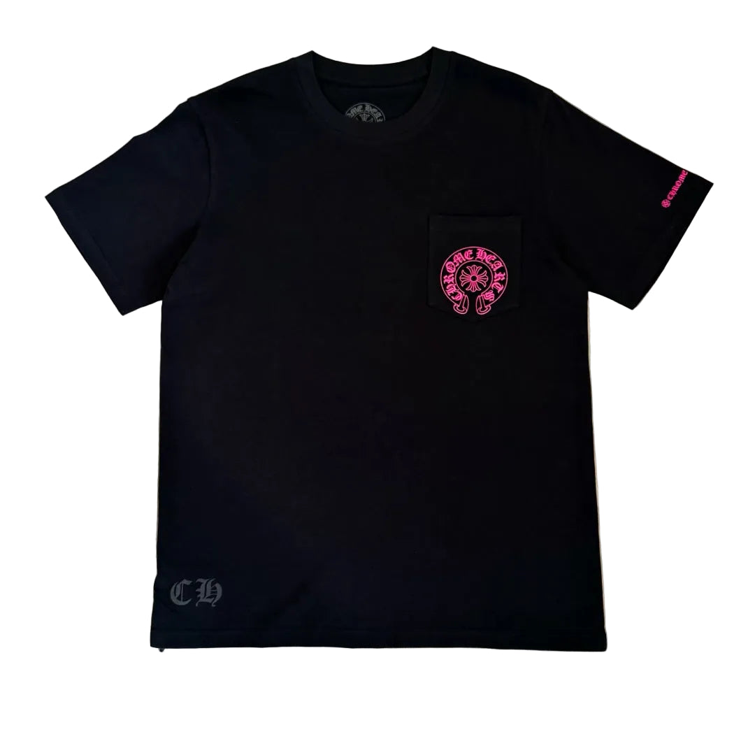 Chrome Hearts Neon Pink Horseshoe Pocket T-Shirt in Black/Neon Pink.