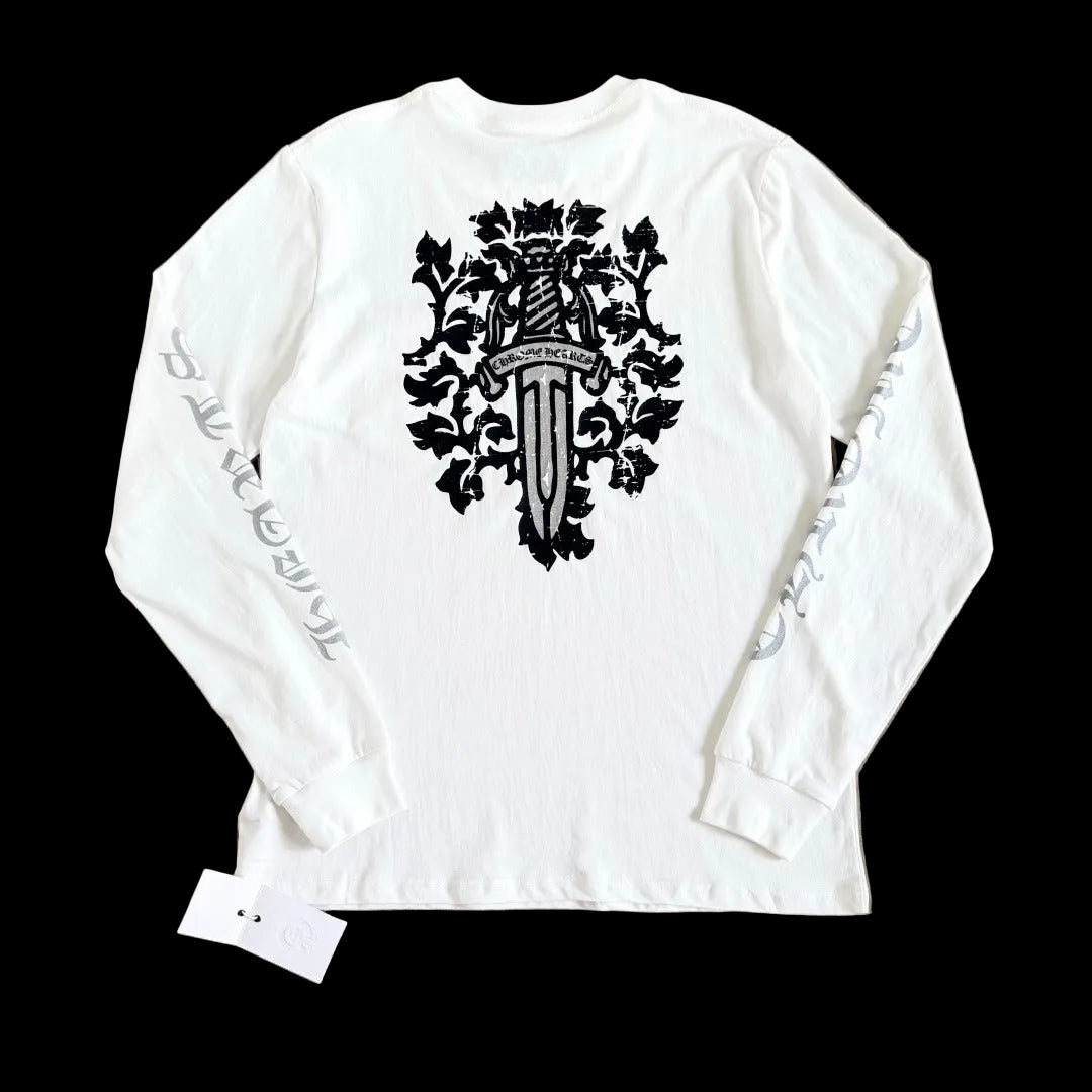 This is a vintage Chrome Hearts Vine Dagger Long Sleeve Pocket T-Shirt in white.